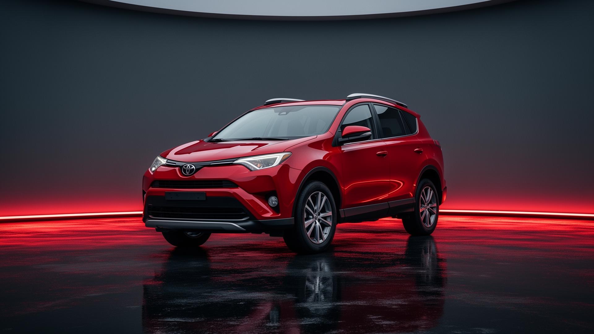 Red Toyota RAV4 on the Coggin Toyota showroom floor